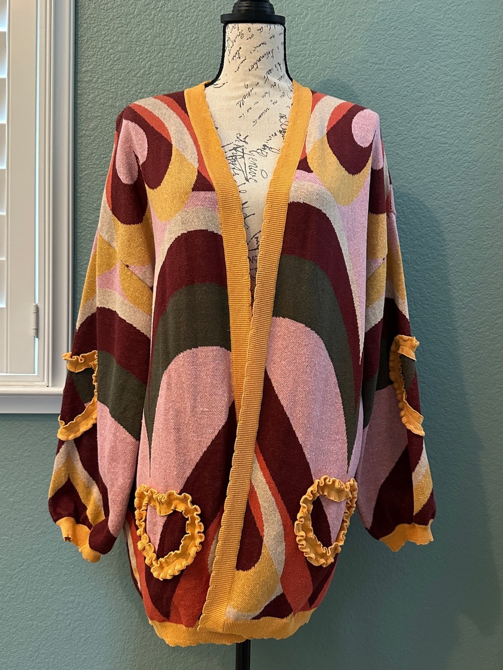 Farm Rio Multicolor Abstract Pattern Open-Front Women's Sweater Cardigan Size S